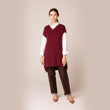Long length knit best / Parachute button shirt / Denim pants