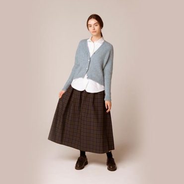 Alpaca cardigan / Parachute button shirt / Black watch skirt