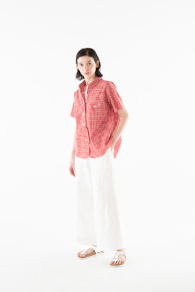 Gingham check parachute button shirt / Cotton twill pants