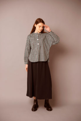 Check stand collar shirt / Flare skirt