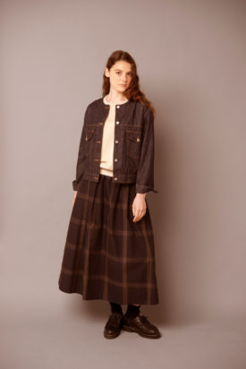 Denim jacket / Cotton jersey pullover / Big check gathered skirt
