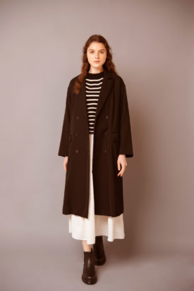 Double long coat / Wholegarment border knit / Cotton corduroy gathered skirt