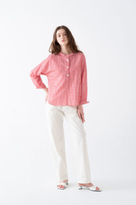 Gingham check stand collar shirt / Cotton pants
