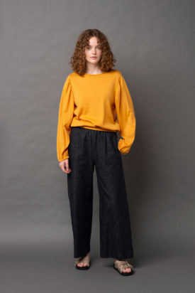Gather sleeve knit / 11oz denim wide pants