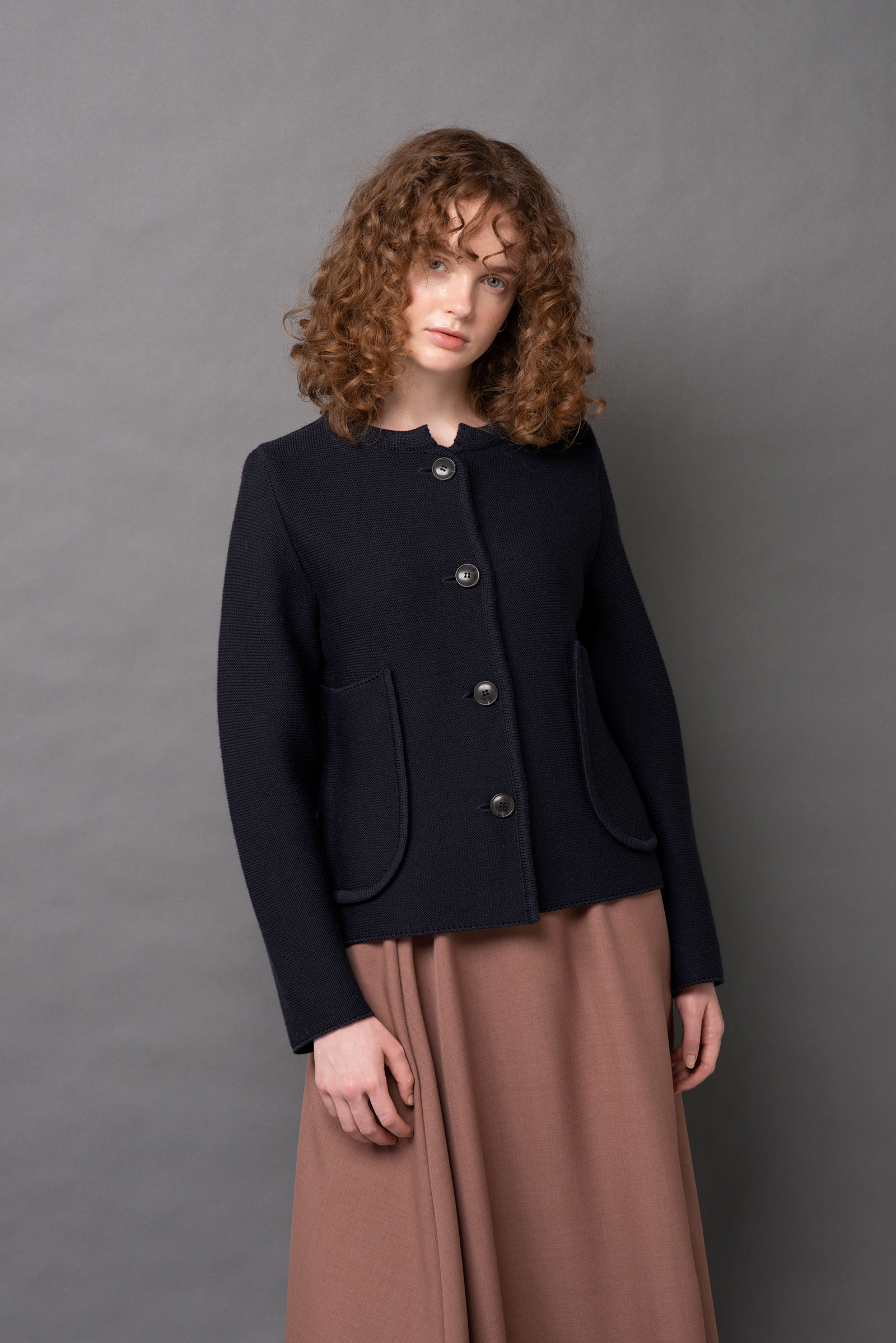 Wool knit jacket / Twill flare skirt - manna