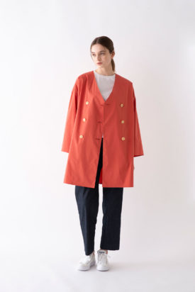 Stretch typewriter v-neck coat / Square line T-shirt / 6oz stretch denim pants