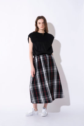 Balloon blouse / Check gathered skirt