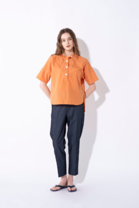 Parachute button stand collar shirt / Stretch denim pants